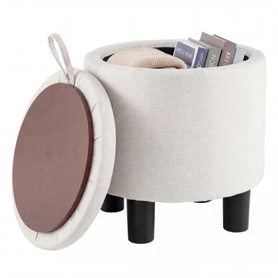 Ronde Opbergpoef Voetenbank Bekleed met Linnen Stof met Dubbelzijdige Klep 4 Poten Opbergpoef
