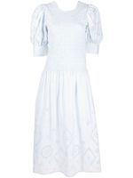 GANNI robe mi-longue à broderie anglaise - Bleu