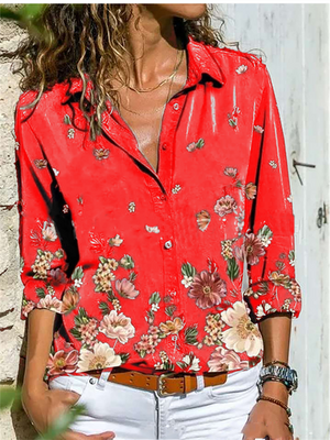 Gray Shawl Collar Long Sleeve Printed Blouse