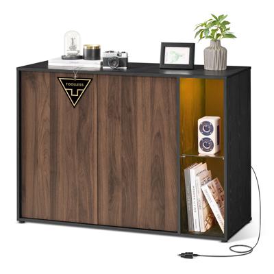 Dressoir met verlichting en glazen plank, Natuurwalnoot + Ebbenzwart