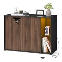Dressoir met verlichting en glazen plank, Natuurwalnoot + Ebbenzwart