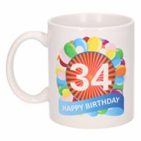 34 jaar Verjaardag koffiemok - cadeau beker - feestelijke ballonnen print - 300 ml - keramiek - wit