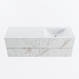 MONDIAZ VICA 140cm badmeubel onderkast Carrara 4 lades. Wastafel CLOUD rechts zonder kraangat, kleur Talc.