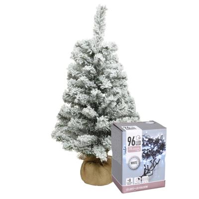 Everlands Mini kerstboom - 60 cm - met sneeuw - en kerstverlichting - helder wit