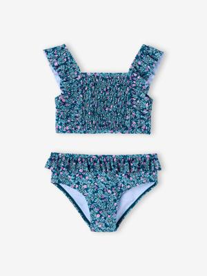 Badpak 2-delig meisjes bloemen smaragdgroen