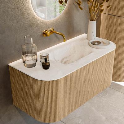 Mondiaz KURVE-DLUX 100 cm Onderkast Greeploos 1 Lade Met Deuren Oak, Wastafel Solid Surface MIdden Frappe 0 Kraangaten Zonder Spiegel (KRVGRU100L+R1L2D0KM-Oak/Fra)