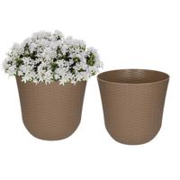 PlasticForte Bloempot - 2x - taupe - D25 x H23 cm - rotan kunststof - plantenpot