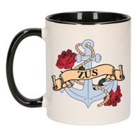 Cadeau koffie/thee mok voor zus - anker - rozen - zwart - 300 ml - keramiek