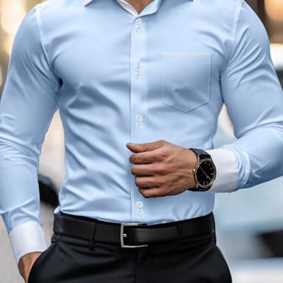 Bon&Bon Men's Khaki Casual Shirt - Long Sleeve Colorblock Polyester Blue and White / L