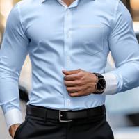 Bon&Bon Men's Khaki Casual Shirt - Long Sleeve Colorblock Polyester Blue and White / L