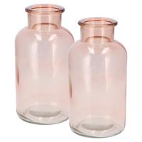 Bloemenvaas melkbus fles model - 2x - helder gekleurd glas - zachtroze - D10 x H20 cm