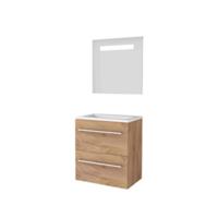 Basic-Line Economic 39 Badkamermeubelset - Ondiep - 60 x 39 cm - Met Grepen - 2 Lades - Acryl Wastafel - 1 Kraangat - Spiegel met LED Verlichting - Whisky Oak