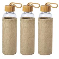 Glazen waterfles/drinkfles - 3x - met naturel bamboe houten bescherm hoes - 500 ml