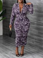 Bon&Bon Black Ruched Bodycon Dress - Deep V-Neck Midi Dress Purple / 1XL