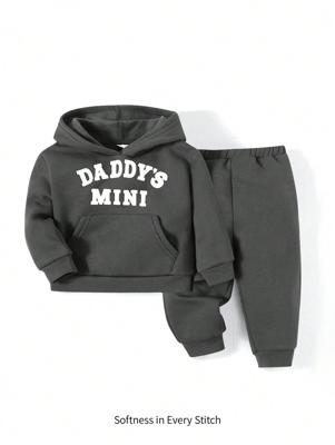 Bon&Bon Baby Boy Letter Graphic Hooded Thermal Sweatshirt And Jogger Pants Set Grey / 3-6M