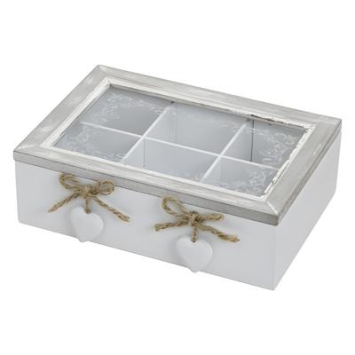 Wurm Theedoos - 6 vaks - grijs/wit - hartjes - 22 x 18 x 17 cm - MDF hout - theebox