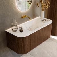 Badmeubel Mondiaz Kurve-Dlux | 110 cm | Meubelkleur Walnut | Wastafelkleur Frappe | Solid surface | Midden spoelbak | Zonder kraangat(en)