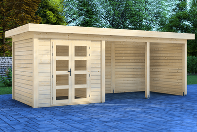Prime Line blokhut 250x250 cm + overkapping 400 cm + achterwand en zijwand- Plat dak- Onbehandeld vurenhout- Van Kooten - Van Kooten