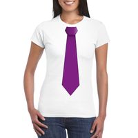 Wit t-shirt met paarse stropdas dames