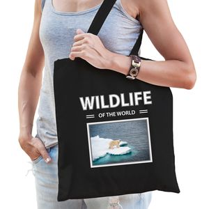 Katoenen tasje Ijsberen zwart - wildlife of the world Ijsbeer cadeau tas