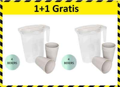 Michelino Transparante Karaf met 4 Kunststof Bekers - 1 Liter 1+1 Gratis