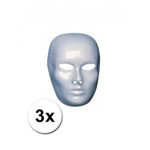 Carnaval verkleed blanco gezicht masker heren - 3x - wit - plastic - beschilderbaar