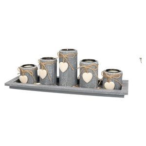 Kaarsenhouders set - home deco - 5x kaarsen en onderbord - hout - grijs - theelichtjes houder