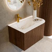 Badmeubel Mondiaz Kurve-Dlux | 75 cm | Meubelkleur Walnut | Wastafelkleur Frappe | Solid surface | Links spoelbak | 1 kraangat