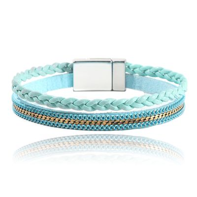 Blauwe dames armband gevlochten leer met magneetsluiting
