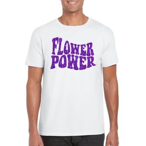 Wit Flower Power t-shirt met paarse letters heren