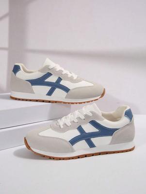 Women's Retro Walking Shoes - Black PU Leather Hiking Sneakers Blue and White / EUR41