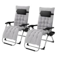 Hauki set van 2 opvouwbare ligstoelen, grijs, ligstoel met kussen, nekkussen & drankhouder, extra grote