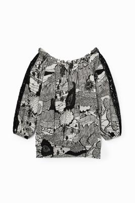 Zwart-witte blouse met kant op de mouwen - BLACK - S Zwart-witte blouse met kant op de mouwen - BLACK - S