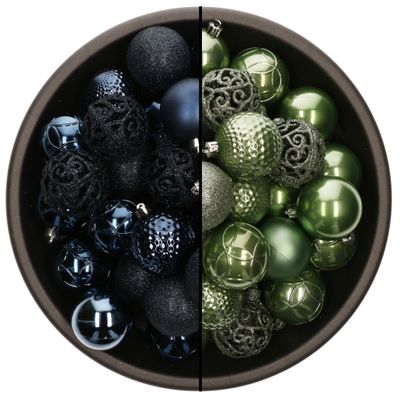 74x stuks kunststof kerstballen mix van donkerblauw en salie groen 6 cm