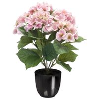 Hortensia kunstplant/kunstbloemen 40 cm - roze - in pot zwart glans