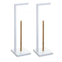 Set van 2x stuks staande wc/toiletrolhouders met reservoir wit 64,5 cm van metaal/bamboe - thumbnail