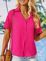Casual Loose Shirt Collar Plain Blouse - thumbnail