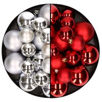 Kerstversiering kunststof kerstballen mix rood/zilver 4-6-8 cm pakket van 68x stuks