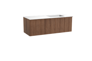 Balmani Forma zwevend badmeubel 135 x 55 cm amerikaans notenhout met Tablo Stretto asymmetrisch rechtse wastafel in solid surface mat wit, Verticale asymmetrische ronde ribbel