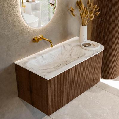 Badmeubel Mondiaz Kurve-Dlux | 95 cm | Meubelkleur Walnut | Wastafelkleur Glace | Solid surface | Links spoelbak | Zonder kraangat(en)