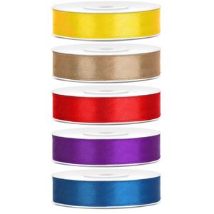 5x rollen satijnlint geel-goud-rood-paars-blauw 1,2 cm x 25 meter