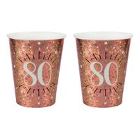 Verjaardag feest bekertjes leeftijd - 20x - 80 jaar - rose goud - karton - 270 ml