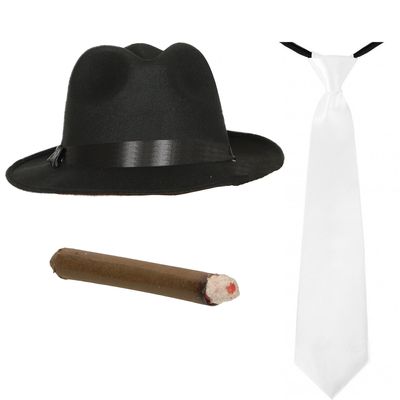 Smiffys - Gangster/Maffia verkleed set hoed zwart met stropdas en sigaar