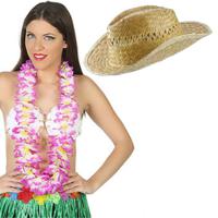 Carnaval verkleed set - Tropische Hawaii party - stro beach hoed - met volle bloemenslinger paars - thumbnail