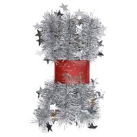 1x stuks lametta kerstslingers met sterretjes zilver 200 x 6,5 cm - Kerstslingers - thumbnail