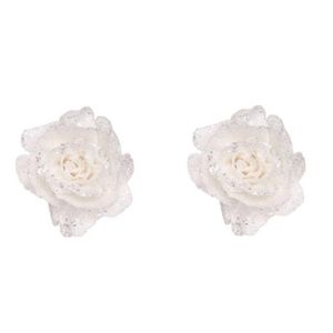 6x stuks witte rozen met glitters op clip 10 cm - kerstversiering