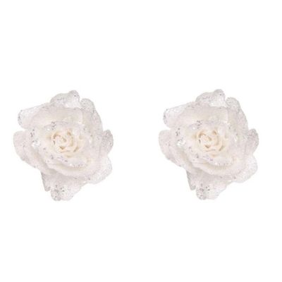 6x stuks witte rozen met glitters op clip 10 cm - kerstversiering