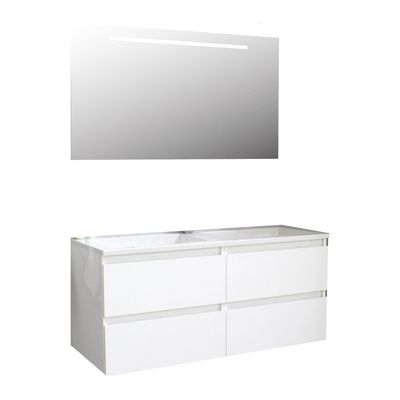 Badkamermeubel BWS Pepper Acryl Wastafel Incl Spiegel Met LED Verlichting Met 2 Kraangaten 120x55x46 cm Wit