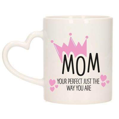 Cadeau koffie/thee mok voor mama - kroon/hartjes - roze - 300 ml - keramiek - Moederdag