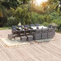 15-delige Tuinset met kussens poly rattan grijs